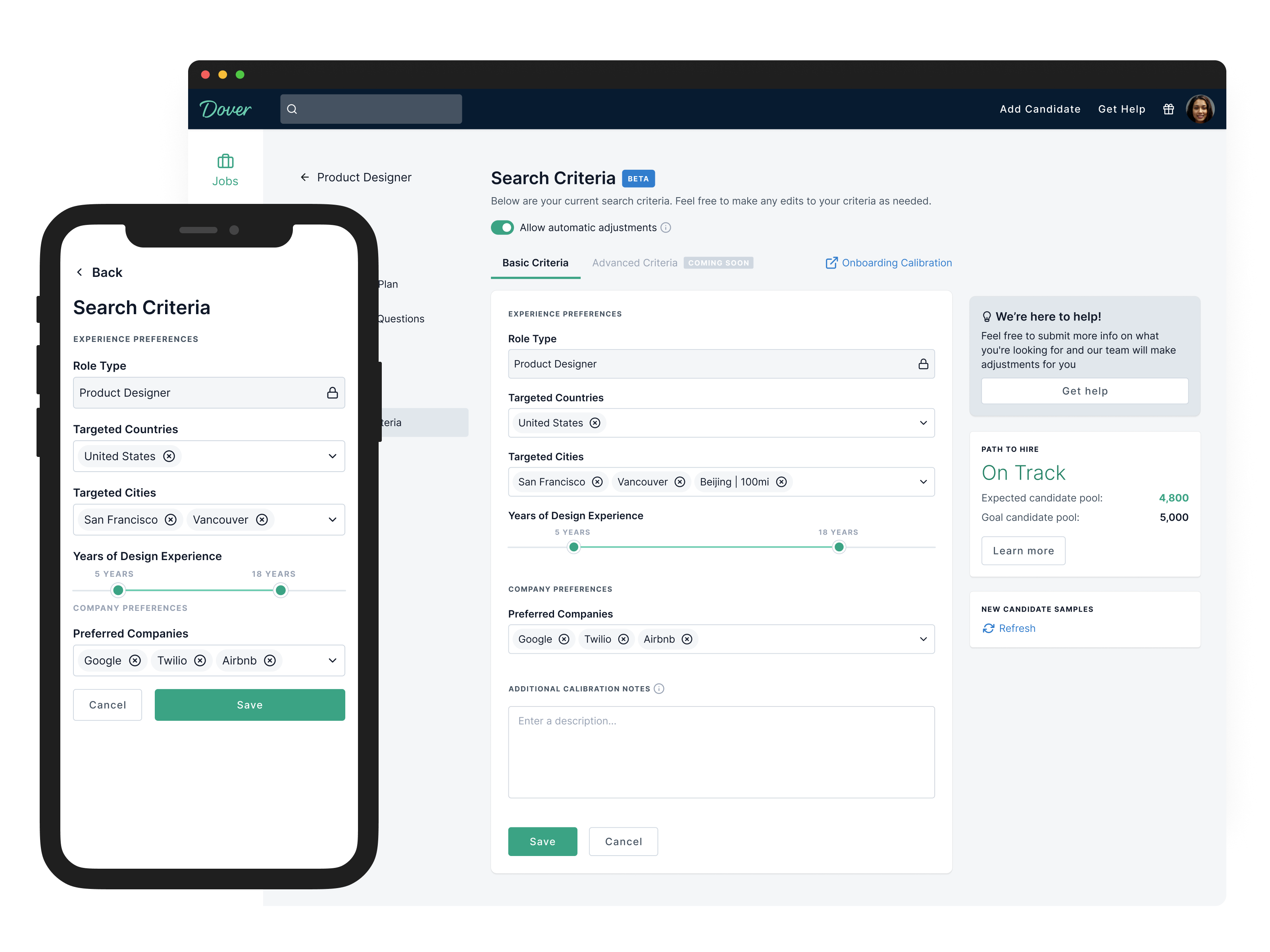 Dover search criteria — desktop and mobile views: editable role, locations, experience range, preferred companies, and a path-to-hire signal.
